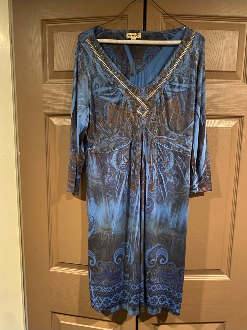 One World Sublimation Blue Paisley V-Neck Embellished Women's Dress - Medium